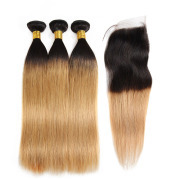 T1B/27 Straight Remy Human Hair Bundles With Closure 4x4 AHBC-41