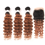 T1B/30 Deep Wave Remy Human Hair Bundles With Closure 4x4 AHBC-49