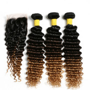 T1B/4/27 Deep Wave Remy Human Hair Bundles With Closure 4x4 AHBC-73