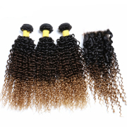 T1B/4/27 Kinky Curly Remy Human Hair Bundles With Closure 4x4 AHBC-81