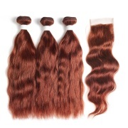 #33 Dark Auburn Natural Wave Remy Human Hair Bundles With Closure 4x4 AHBC-35