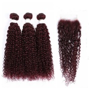 #99J Dark Wine Kinky Curly Remy Human Hair Bundles With Closure 4x4 AHBC-40