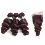 #99J Dark Wine Loose Wave Remy Human Hair Bundles With Closure 4x4 AHBC-34