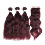 #99J Dark Wine Natural Wave Remy Human Hair Bundles With Closure 4x4 AHBC-36