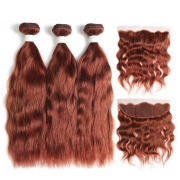 #33 Dark Auburn Natural Wave Remy Human Hair Bundles With Frontal 13x4 AHBF-22