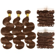 #4 Medium Brown Body Wave Remy Human Hair Bundles With Frontal 13x4 AHBF-04