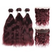 #99J Dark Wine Natural Wave Remy Human Hair Bundles With Frontal 13x4 AHBF-23