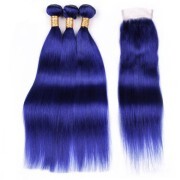 Blue Straight Remy Human Hair Bundles With Closure 4x4 AHBC-91