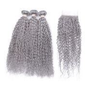 Grey Kinky Curly Remy Human Hair Bundles With Closure 4x4 AHBC-96