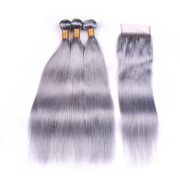 Grey Straight Remy Human Hair Bundles With Closure 4x4 AHBC-94