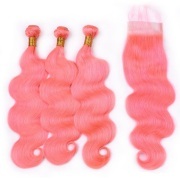 Pink Gold Body Wave Remy Human Hair Bundles With Closure 4x4 AHBC-101