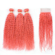Pink Gold Kinky Curly Remy Human Hair Bundles With Closure 4x4 AHBC-102