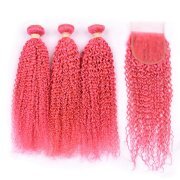 Pink Kinky Curly Remy Human Hair Bundles With Closure 4x4 AHBC-99