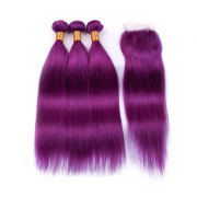 Purple Straight Remy Human Hair Bundles With Closure 4x4 AHBC-103