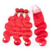 Red Body Wave Remy Human Hair Bundles With Closure 4x4 AHBC-116