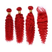 Red Deep Wave Remy Human Hair Bundles With Closure 4x4 AHBC-117