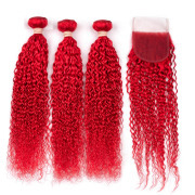 Red Kinky Curly Remy Human Hair Bundles With Closure 4x4 AHBC-119