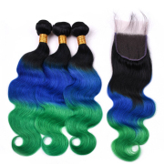 T1B/Blue/Green Body Wave Remy Human Hair Bundles With Closure 4x4 AHBC-168