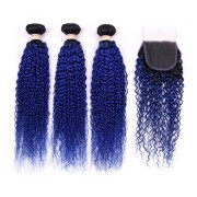 T1B/Blue Kinky Curly Remy Human Hair Bundles With Closure 4x4 AHBC-128