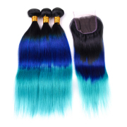 T1B/Blue/Light Blue Straight Remy Human Hair Bundles With Closure 4x4 AHBC-169