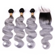 T1B/Grey Body Wave Remy Human Hair Bundles With Closure 4x4 AHBC-124