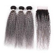 T1B/Grey Kinky Curly Remy Human Hair Bundles With Closure 4x4 AHBC-125