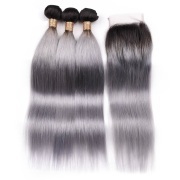 T1B/Grey Straight Remy Human Hair Bundles With Closure 4x4 AHBC-123