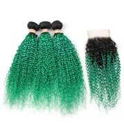 T1B/Light Green Kinky Curly Remy Human Hair Bundles With Closure 4x4 AHBC-143