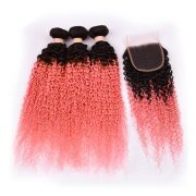 T1B/Pink Gold Kinky Curly Remy Human Hair Bundles With Closure 4x4 AHBC-149
