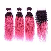 T1B/Pink Kinky Curly Remy Human Hair Bundles With Closure 4x4 AHBC-146