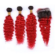 T1B/Red Deep Wave Remy Human Hair Bundles With Closure 4x4 AHBC-155