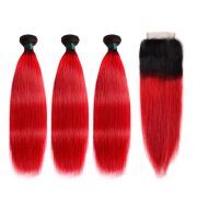 T1B/Red Straight Remy Human Hair Bundles With Closure 4x4 AHBC-153
