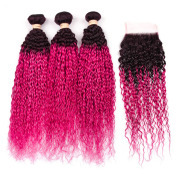 T1B/Rose Red Kinky Curly Remy Human Hair Bundles With Closure 4x4 AHBC-134