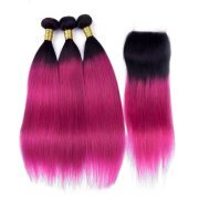 T1B/Rose Red Straight Remy Human Hair Bundles With Closure 4x4 AHBC-132