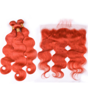 Orange Red Body Wave Straight Remy Human Hair Bundles With Frontal 13x4 AHBF-90