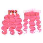 Pink Body Wave Remy Human Hair Bundles With Frontal 13x4 AHBF-78