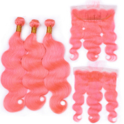 Pink Body Wave Remy Human Hair Bundles With Frontal 13x4 AHBF-92