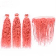 Pink Kinky Curly Remy Human Hair Bundles With Frontal 13x4 AHBF-93