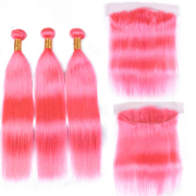 Pink Straight Remy Human Hair Bundles With Frontal 13x4 AHBF-77