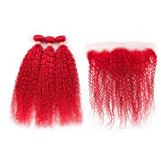 Red Kinky Curly Remy Human Hair Bundles With Frontal 13x4 AHBF-76