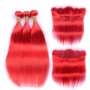 Red Straight Remy Human Hair Bundles With Frontal 13x4 AHBF-72