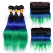 T1B/Blue/Green Straight Remy Human Hair Bundles With Frontal 13x4 AHBF-134