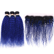 T1B/Blue Kinky Curly Remy Human Hair Bundles With Frontal 13x4 AHBF-111