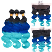 T1B/Blue/Light Blue Body Wave Remy Human Hair Bundles With Frontal 13x4 AHBF-131