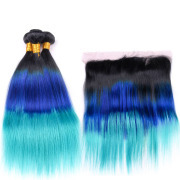 T1B/Blue/Light Blue Straight Remy Human Hair Bundles With Frontal 13x4 AHBF-130