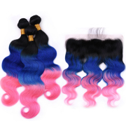 T1B/Blue/Pink Body Wave Remy Human Hair Bundles With Frontal 13x4 AHBF-137
