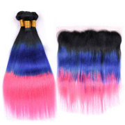 T1B/Blue/Pink Straight Remy Human Hair Bundles With Frontal 13x4 AHBF-136