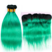 T1B/Light Green Straight Remy Human Hair Bundles With Frontal 13x4 AHBF-105