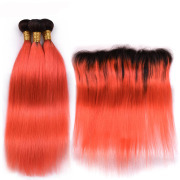 T1B/Orange Red Straight Remy Human Hair Bundles With Frontal 13x4 AHBF-112