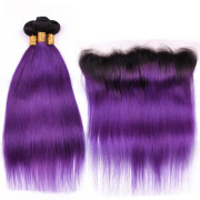 T1B/Purple Straight Remy Human Hair Bundles With Frontal 13x4 AHBF-107